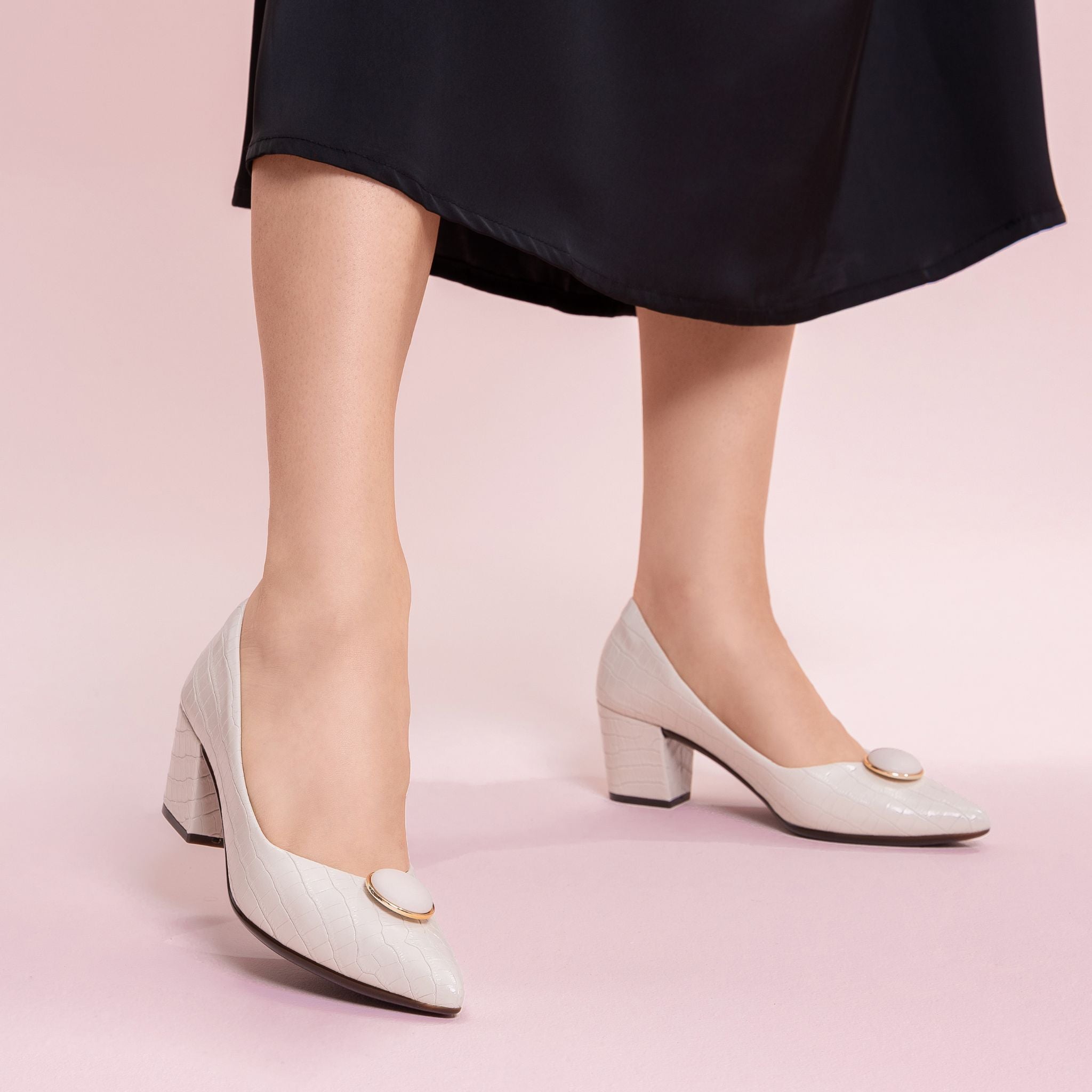 Vania Off-White Pointed Toe Block Heels