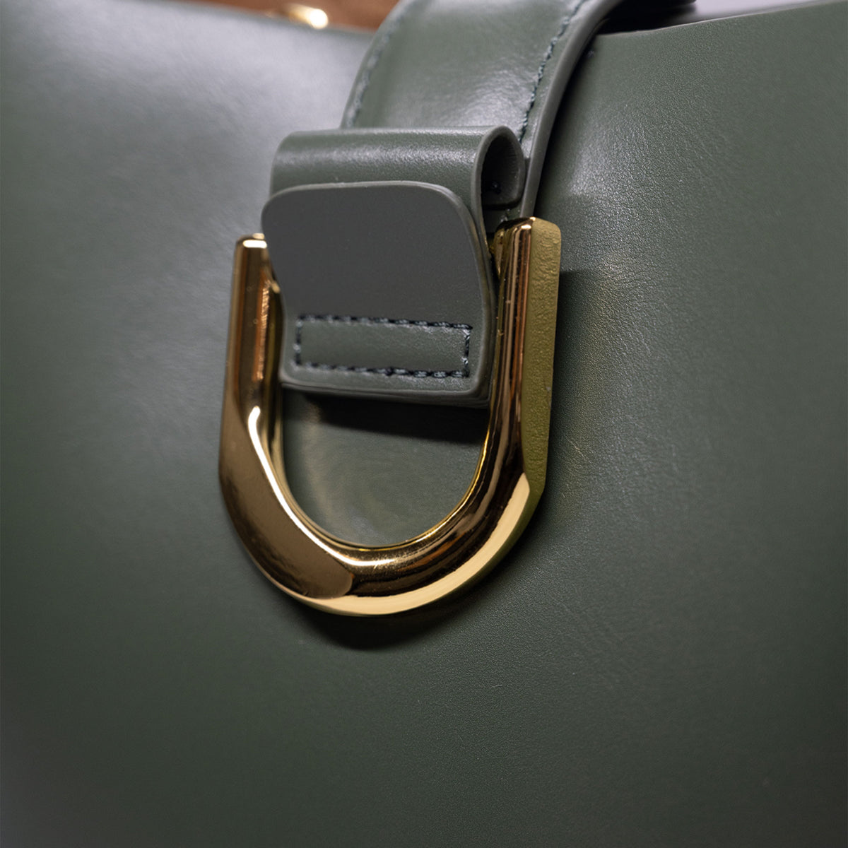 Close-up of a moss green leather bag featuring a large polished gold-tone metal D-ring and a matching green leather strap with visible stitching.