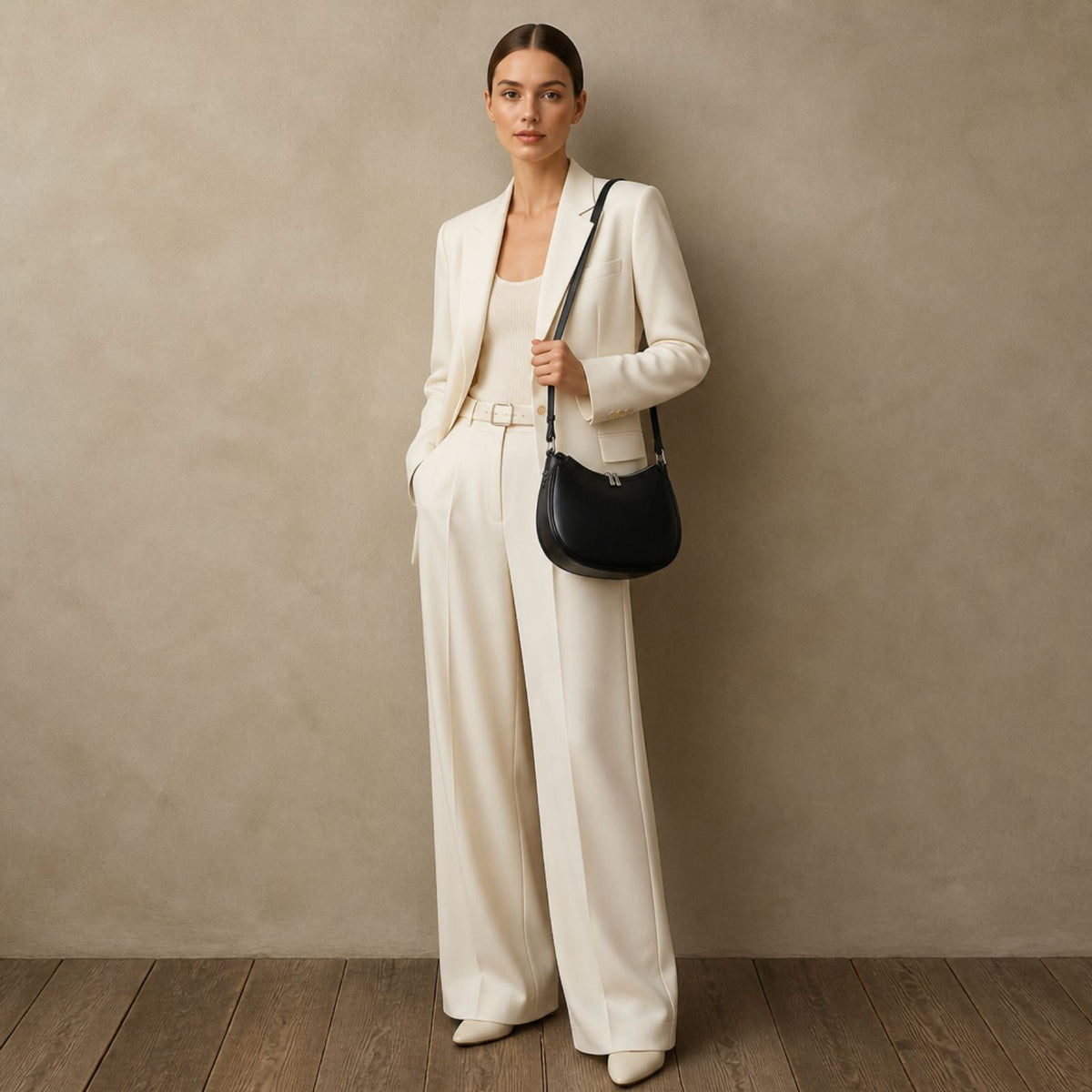 A woman stands against a textured beige wall wearing a cream-colored tailored blazer and wide-leg trousers, holding a black crescent-shaped shoulder bag.